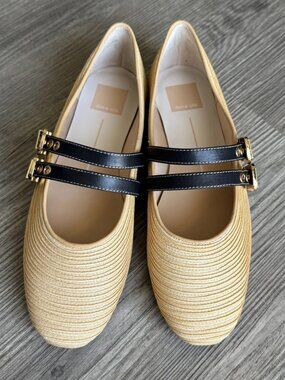 Dolce Vita Baylee Ballet  Flats Raffia Natural/Black Mary Jane Size 7.5 Wide